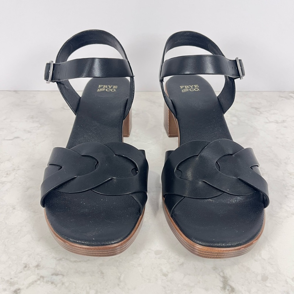 New Frye & Co Black Leather Braided Front Ankle Strap Heels